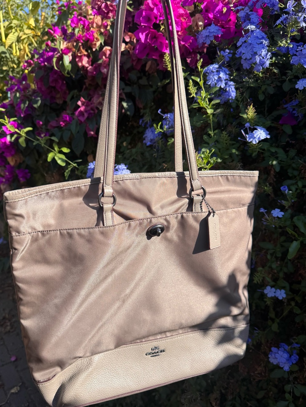 Coach Large Nylon & Leather Turnlock Tote in Taupe